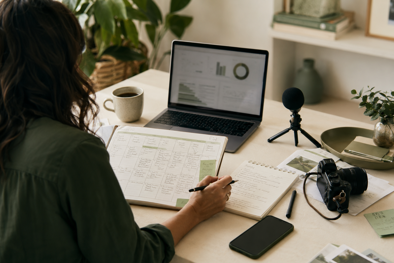 bountiful-content-strategy-workflow Content strategist planning a monthly marketing workflow with a content calendar, camera and analytics.