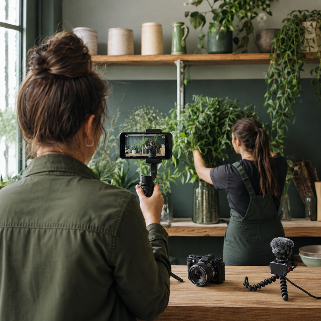 bountiful-onsite-content-filming Content strategist filming a small business owner at work with a smartphone and camera.